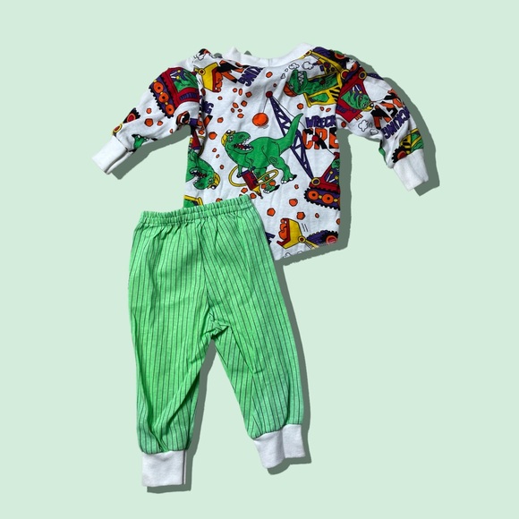 Kids Vintage Dinosaur Wrecking Ball Construction Colorful Two Piece Outfit - Picture 2 of 7